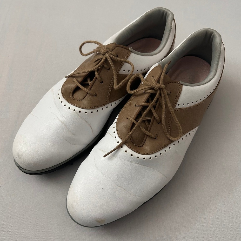 FootJoy eMerge Golf Shoes‎ Womens 11M White Brown Leather Soft Spikes Lace Up